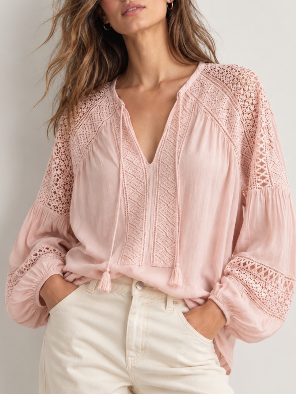 Ramy Brook Winnie Embroidered Lace Panel Blouse in Blush Pink